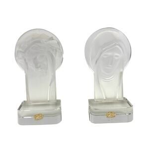 VTG‎ Czech Bohemia Glass Crystal Mary & Jesus Frosted Figures 1970's Set Bookend